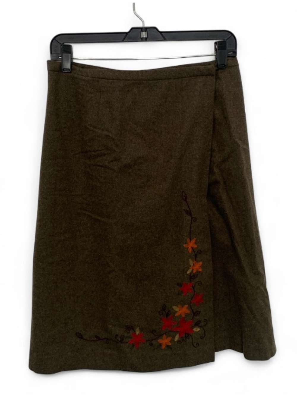 Vintage Ann Taylor Leaf Embroidered Olive Green Wool Blend Skirt